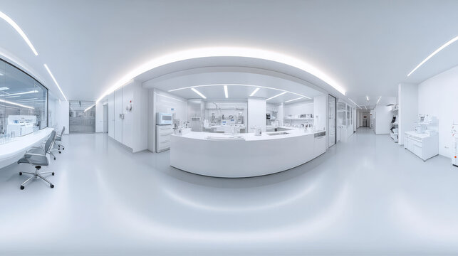 360 degree panorama view.A 3D image shows a spacious, white, modern lab.  It's empty and has a 360-degree view.