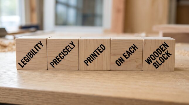 Five wooden blocks arranged in a row with printed black text standing on a light wood surface
