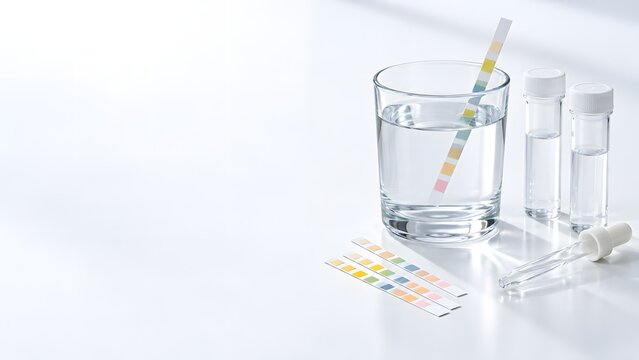 水質検査用の試験紙と採水容器を並べた清潔な検査イメージ
