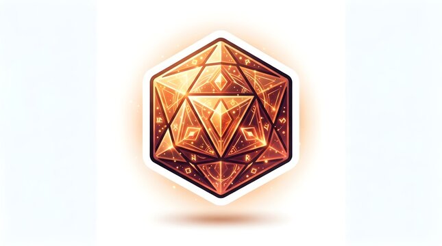 Glowing golden polyhedral dice icon with magical etched symbols for tabletop roleplaying games isolated on a white background in 3d style