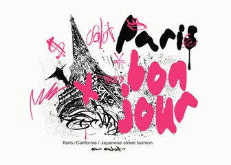 Paris slogan text. Graffiti urban street style drawing, Eiffel grunge typography slogan tees, art slogan text. Tees, Typography street art graffiti slogan print. Tees graphics.eps © Sukman