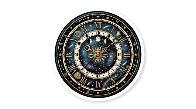 Ornate celestial clock face featuring golden roman numerals zodiac signs moon phases and sparkling stardust on dark blue background