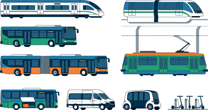 Modern Eco Friendly Urban Public Transit Vector Set with Electric Bus Commuter Train Monorail Tram Shuttle Van and Shared Scooters