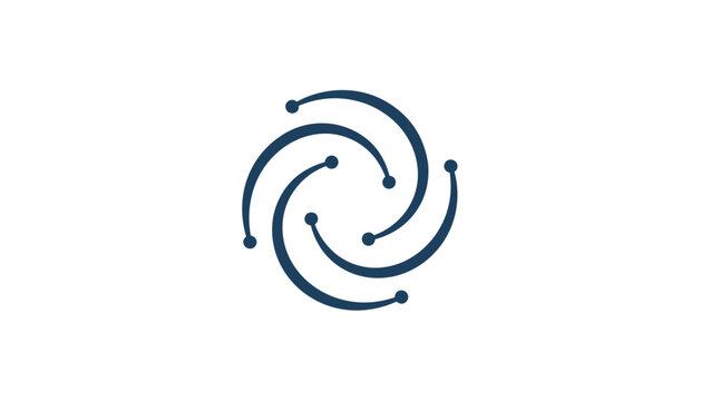 Abstract dark blue swirl graphic with rounded nodes representing technology network connection or cosmic galaxy motion.