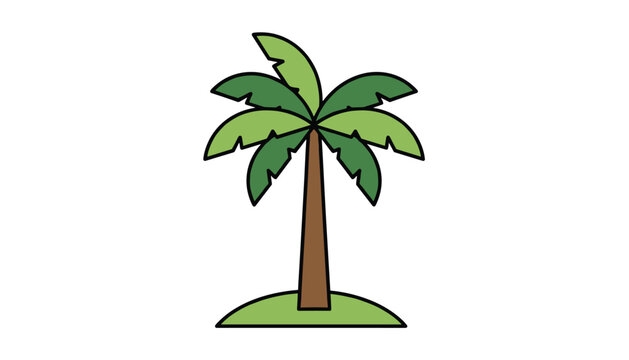 Colorful cartoon illustration of a single tropical palm tree standing tall on a tiny green island strip in the ocean.