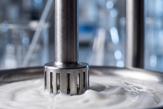 Stainless steel high shear mixer blending thick white cosmetic cream in laboratory