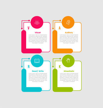 vark infographic template with four point white background outline rounded square layout, flat style