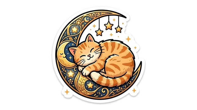 Cute ginger tabby cat sleeping peacefully on an ornate golden crescent moon with hanging stars in a whimsical flat vector sticker design