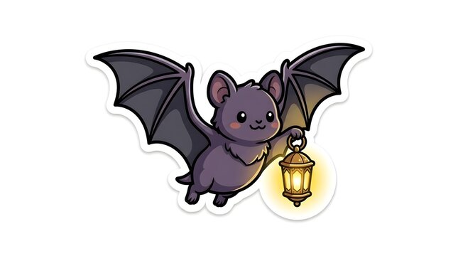 A cute cartoon purple bat flying while holding a glowing vintage lantern isolated on a plain background for sticker art design projects