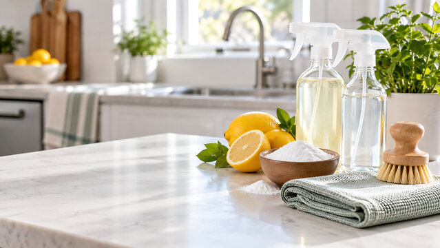 Eco friendly cleaning products with lemons and baking soda on a kitchen counter cleaning spray scrub brush non toxic