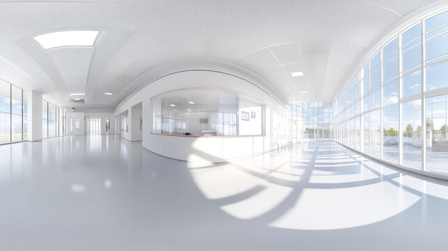 360 degree panorama view.A 3D picture shows a bright, white office building.  The image is a complete, panoramic view.