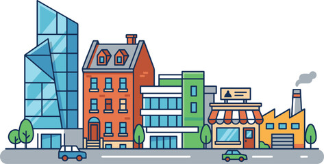 Obraz premium Flat vector illustration of a city street with glass skyscraper, brick apartment building, shops, factory, trees and cars driving on the road
