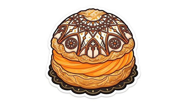 Cream puff pastry filled with vibrant orange fruit cream featuring an intricate decorative mandala pattern on top of the golden bun