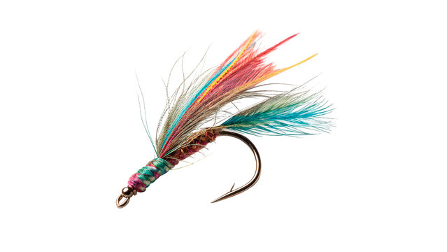 Colorful artificial fly fishing lure hook isolated on dark background