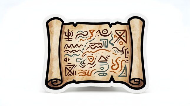 Illustration of an old parchment treasure map scroll with mystical ancient tribal symbols and artistic doodles isolated on white background
