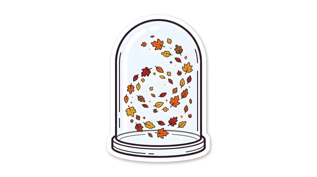 A glass bell jar dome containing a whimsical swirling vortex of vibrant colorful autumn leaves in a flat design style artistic illustration