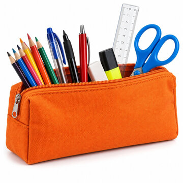 Orange Pencil Case with Stationery Isolated on White