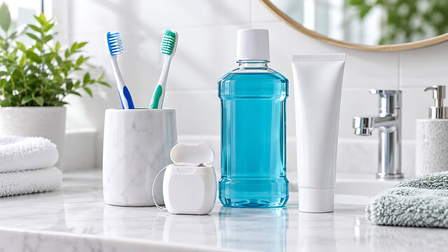 Oral hygiene essentials including mouthwash and toothbrush on a marble bathroom sink with dental care