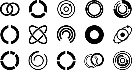 Vector collection of abstract geometric circle icons featuring tech loops planetary rings pie charts and minimalist spiral graphic elements © MstAduri