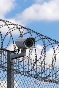 Security camera monitoring perimeter with barbed wire fence