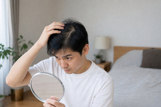 頭頂部の薄毛を鏡で確認する男性