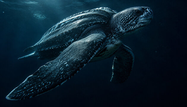 Leatherback Sea Turtle in Deep Blue Ocean Water