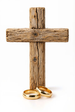 Gold Wedding Rings with Wooden Cross &ndash; Christian Marriage and Church Wedding