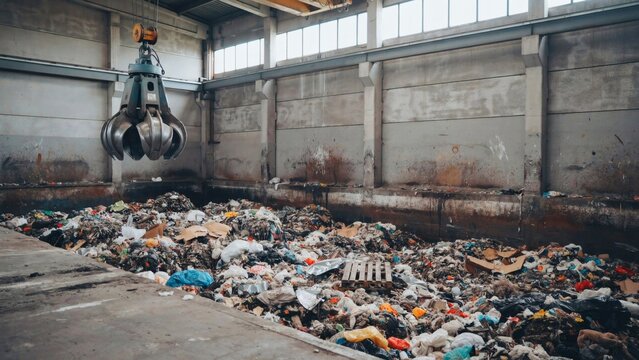 Waste bunker full of mixed refuse at a municipal transfer station