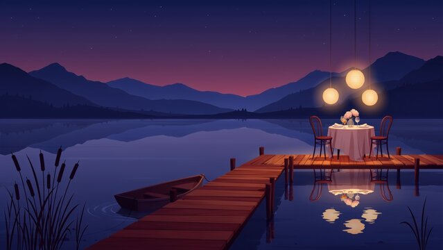 Romantic dinner setup on a wooden dock by a serene lake at night