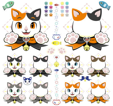 可愛い猫の顔フレームとあしらいのイラストセット