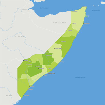 Somalia - Detailed, modern map of the country with cities, capitals, internal territorial boundaries, and major water features. Vector illustration.