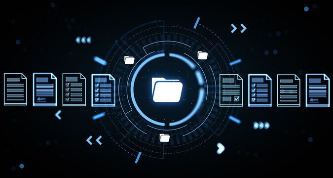 Global digital file management and secure data storage concept with glowing folder, documents, circular interface, and connected workflow. 3D Rendering