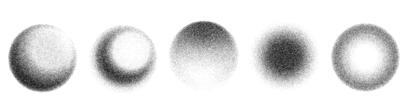 Grainy stipple dot spray brush vector set with shaded circular halftone spheres, soft particle gradients, dotted noise textures and abstract monochrome round shapes for modern overlays