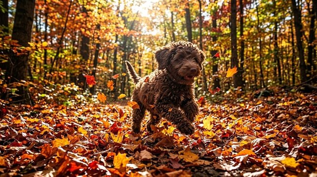 A cute brown curly puppy running through fallen leaves in an autumn forest