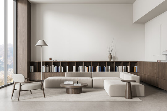 Contemporary neutral living room interior with modular sofa, wooden shelving, floor lamp, and minimalist design details in spacious home. 3D Rendering