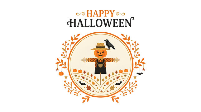 Happy halloween greeting card design with a scarecrow and a black crow in an autumn foliage frame