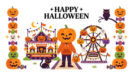 Fototapeta premium Happy halloween illustration featuring a person with a pumpkin head at a festive carnival