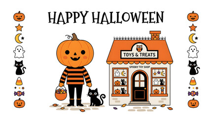 Fototapeta premium Happy halloween flat vector illustration with a pumpkin headed child and a store selling treats