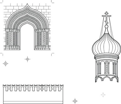 Russian Orthodox Architecture Icon Set with Onion Dome Kremlin Wall and Portal Vector