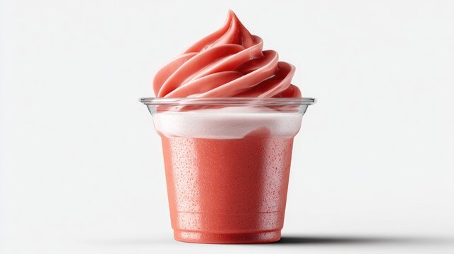 Strawberry Swirl Soft Serve: A refreshing strawberry soft serve ice cream topped with a creamy white layer, served in a clear plastic cup, perfect for a sweet treat on a hot day.