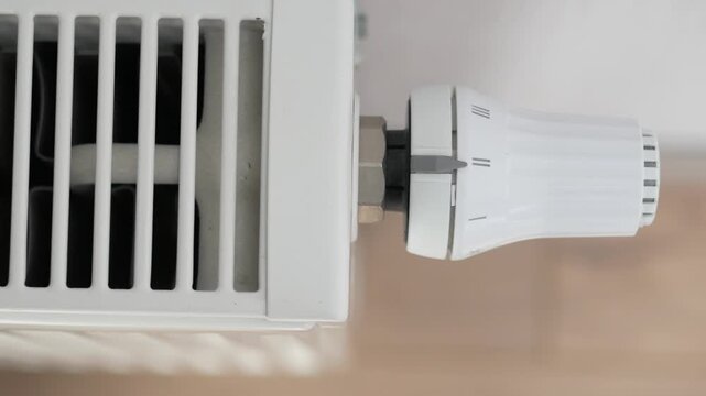 Close up view of white radiator thermostat valve for controlling temperature in home