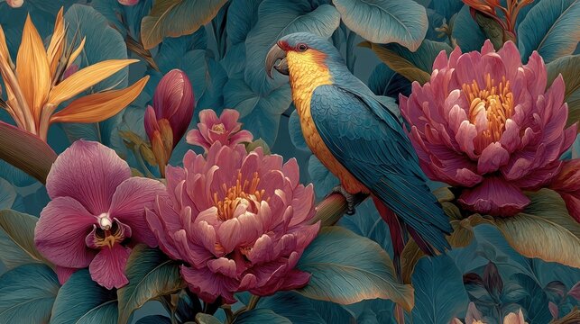Vivid tropical image of a parrot amidst colorful flowers and lush foliage, creating a botanical feel