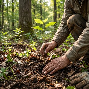 Hands planting small young tree in forest soil reforestation concept.