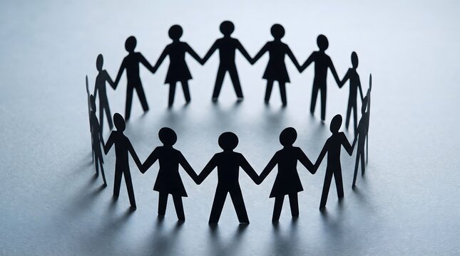 Paper people silhouettes holding hands in a circle for unity concept