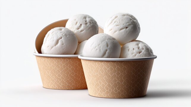 Creamy Delight: A close-up shot captures two paper cups filled with scoops of refreshing white ice cream, perfect for a sweet treat on a warm day.