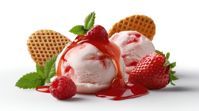 Strawberry Raspberry Ice Cream Delight: Indulge in a refreshing scoop of strawberry and raspberry swirl ice cream, artfully drizzled with sweet syrup and garnished with fresh berries, mint leaves.