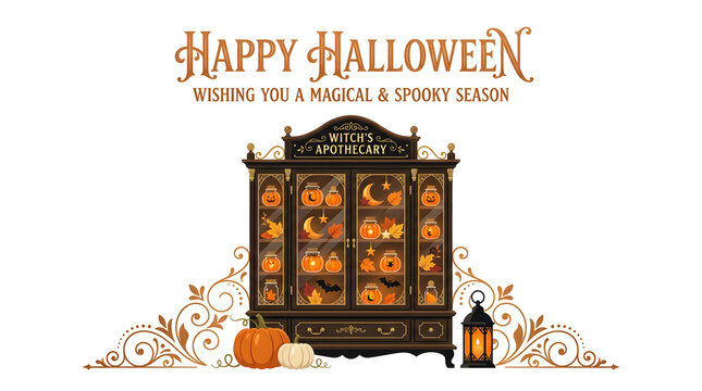 Happy halloween greeting card design featuring a vintage spooky cabinet with pumpkins and candles
