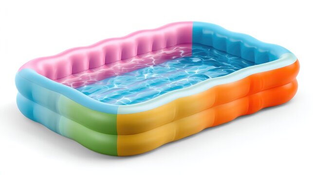 Colorful Inflatable Pool: A bright and inviting inflatable swimming pool, filled with clear blue water and featuring vibrant rainbow-colored walls, promises fun and refreshment on a sunny day.