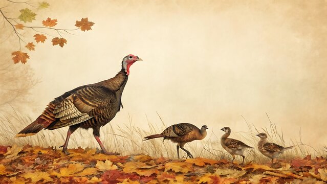 Wild turkey hen with three poults walking on autumn leaves with copy space