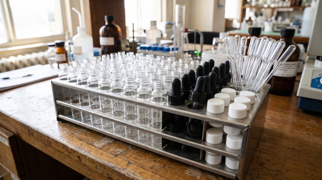 Empty glass dropper vials stand in a fitted metal laboratory rack on a wooden scientific bench. Concept of test tubes, lab glassware.
